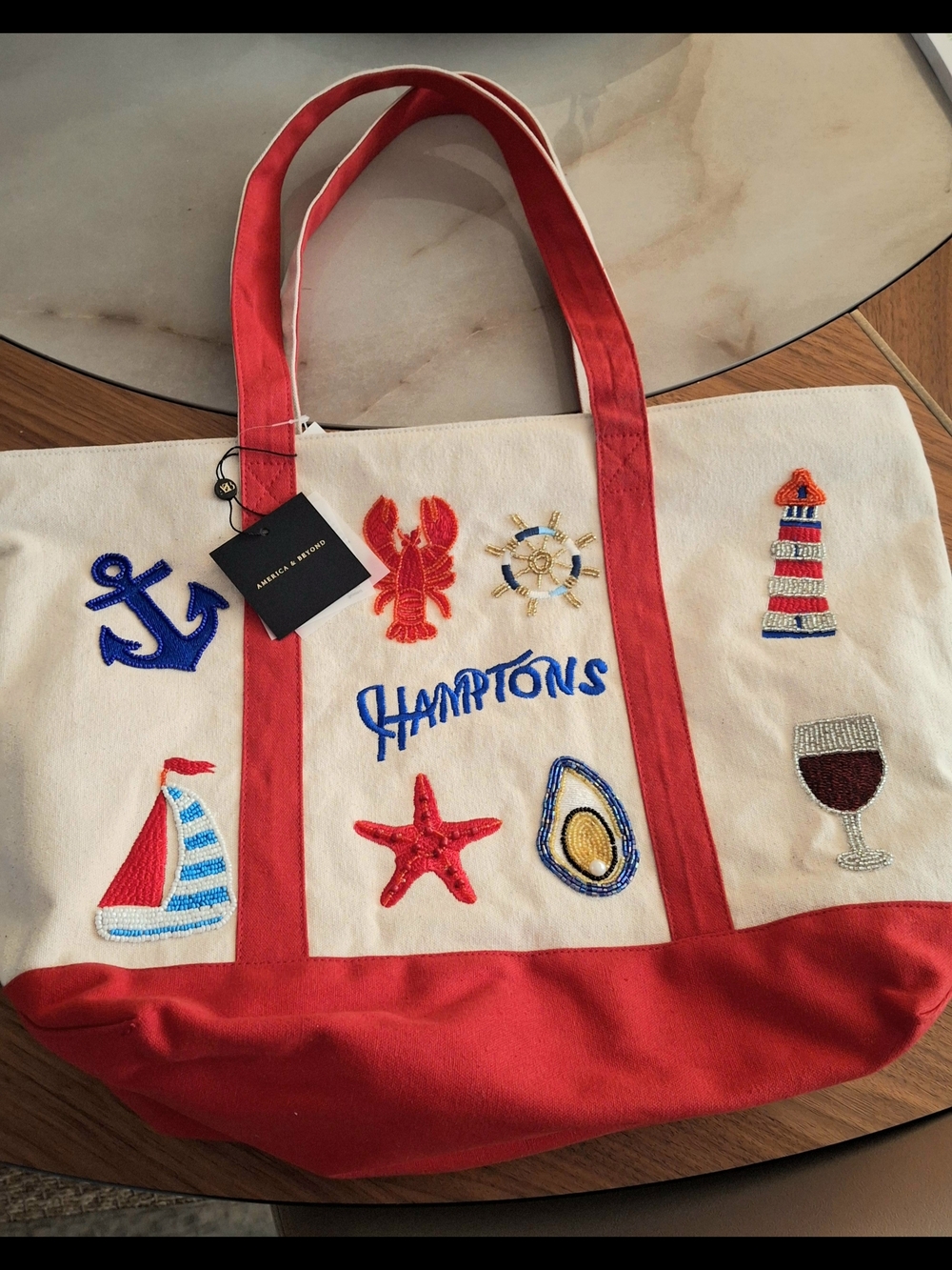 America & Beyond  Embroidered Canvas Tote Bag in Red and Cream
